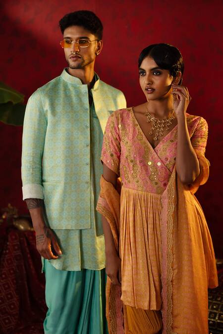 Pooja Bagaria_Blue Silk, Cotton Geometric Blossom Print Bundi Kurta Set _Online_at_Aza_Fashions