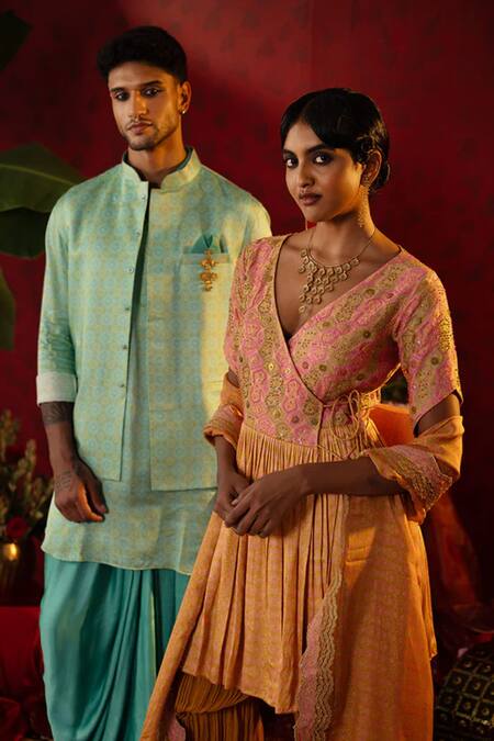 Buy_Pooja Bagaria_Blue Silk, Cotton Geometric Blossom Print Bundi Kurta Set _Online_at_Aza_Fashions