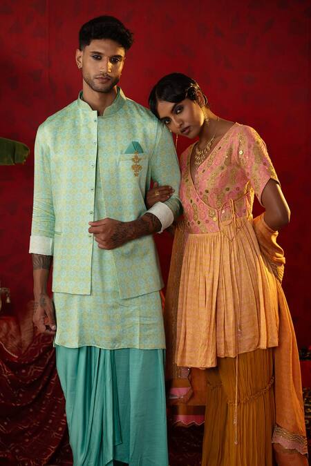 Shop_Pooja Bagaria_Blue Silk, Cotton Geometric Blossom Print Bundi Kurta Set _Online_at_Aza_Fashions