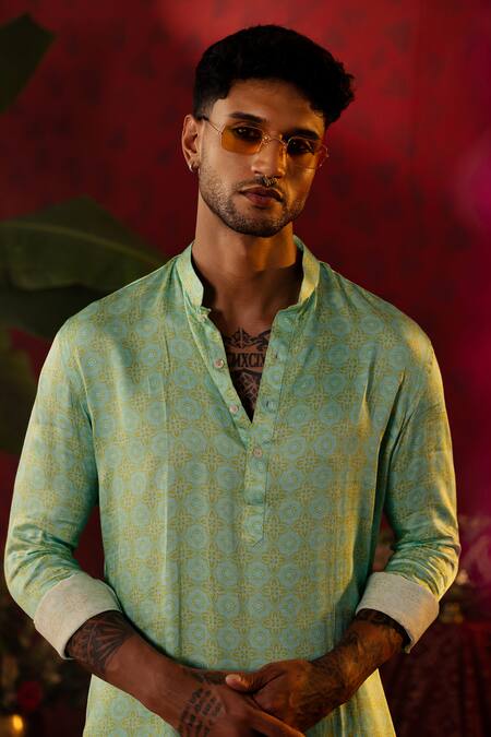 Pooja Bagaria_Blue Silk, Cotton Geometric Florin Print Kurta And Dhoti Pant Set _Online_at_Aza_Fashions