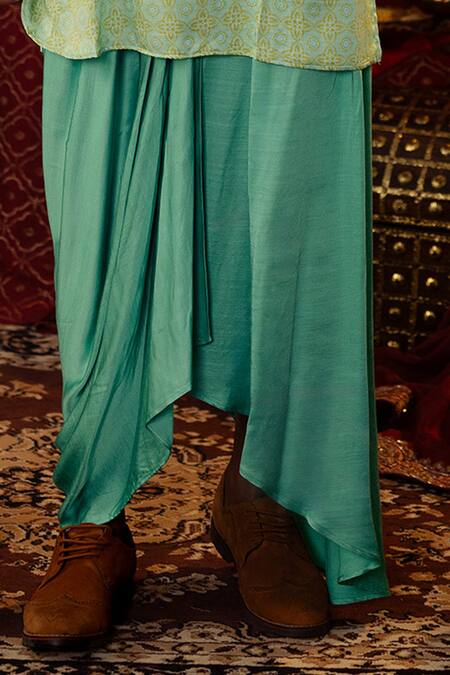 Buy_Pooja Bagaria_Blue Silk, Cotton Geometric Florin Print Kurta And Dhoti Pant Set _Online_at_Aza_Fashions