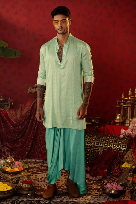 Shop_Pooja Bagaria_Blue Silk, Cotton Geometric Florin Print Kurta And Dhoti Pant Set _Online_at_Aza_Fashions