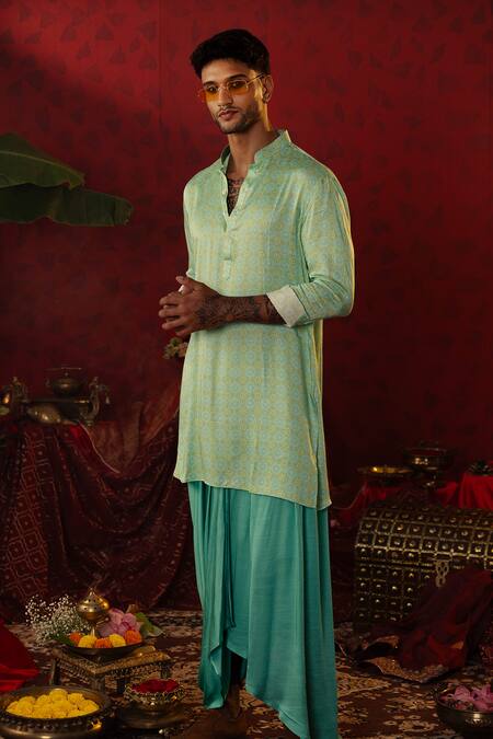 Pooja Bagaria_Blue Silk, Cotton Geometric Florin Print Kurta And Dhoti Pant Set _at_Aza_Fashions