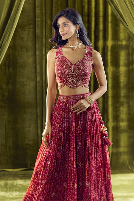 Shop Aariyana Couture Red Silk Sequins Plunge Neck Bandhani Pattern Lehenga Set Online at Aza Fashions Shop_Aariyana Couture_Red Silk Sequins Plunge Neck Bandhani Pattern Lehenga Set _Online_at_Aza_Fashions
