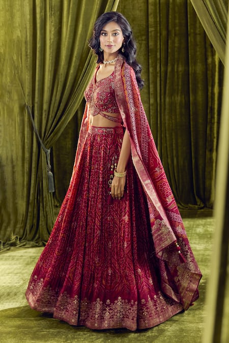 Aariyana Couture Red Silk Sequins Plunge Neck Bandhani Pattern Lehenga Set at Aza Fashions Aariyana Couture_Red Silk Sequins Plunge Neck Bandhani Pattern Lehenga Set _at_Aza_Fashions