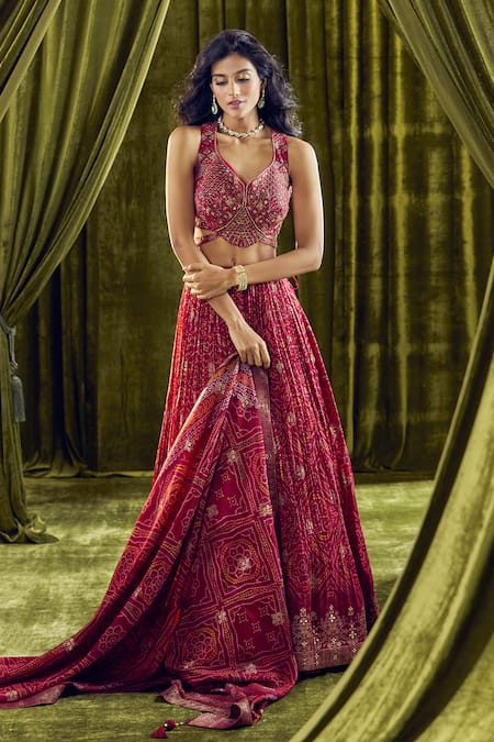 Shop Aariyana Couture Red Silk Sequins Plunge Neck Bandhani Pattern Lehenga Set Shop_Aariyana Couture_Red Silk Sequins Plunge Neck Bandhani Pattern Lehenga Set
