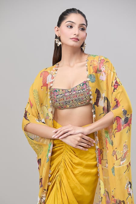 Buy_Rajat K Tangri_Yellow Cotton, Silk Beads, Sequins Scoop Neck Tribal Print Cape And Skirt Set _Online_at_Aza_Fashions
