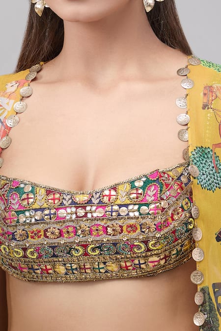 Shop_Rajat K Tangri_Yellow Cotton, Silk Beads, Sequins Scoop Neck Tribal Print Cape And Skirt Set _Online_at_Aza_Fashions