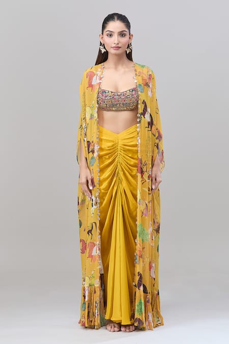 Rajat K Tangri_Yellow Cotton, Silk Beads, Sequins Scoop Neck Tribal Print Cape And Skirt Set _at_Aza_Fashions