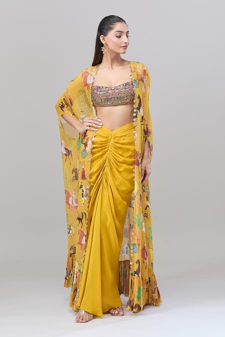 Buy_Rajat K Tangri_Yellow Cotton, Silk Beads, Sequins Scoop Neck Tribal Print Cape And Skirt Set 