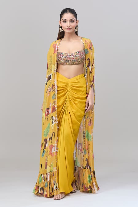Shop_Rajat K Tangri_Yellow Cotton, Silk Beads, Sequins Scoop Neck Tribal Print Cape And Skirt Set 
