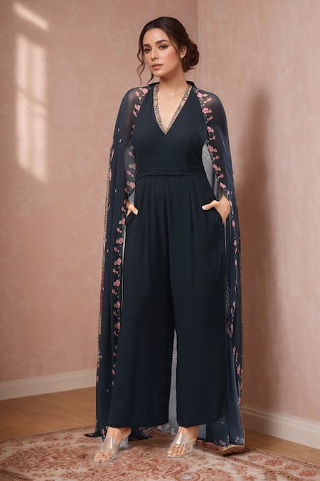 Rajat K Tangri Floral Print Cape Attached Jumpsuit 