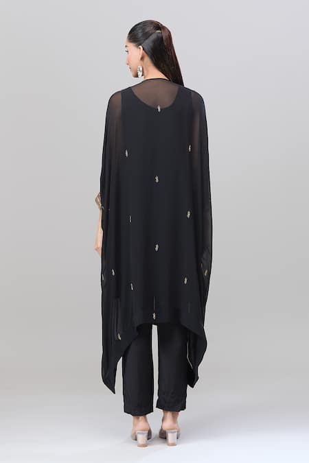 Shop Rajat K Tangri Black Chiffon Metallic Thread, Embroidery Split V-neck Tribal Kaftan And Pant Set at Aza Fashions Shop_Rajat K Tangri_Black Chiffon Metallic Thread, Embroidery Split V-neck Tribal Kaftan And Pant Set _at_Aza_Fashions