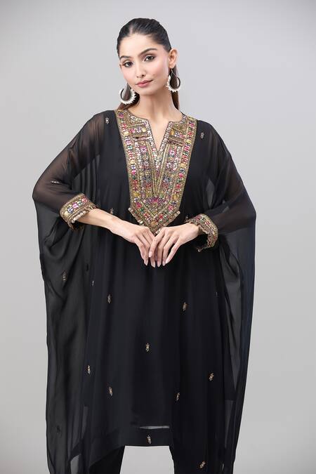 Buy Rajat K Tangri Black Chiffon Metallic Thread, Embroidery Split V-neck Tribal Kaftan And Pant Set Online at Aza Fashions Buy_Rajat K Tangri_Black Chiffon Metallic Thread, Embroidery Split V-neck Tribal Kaftan And Pant Set _Online_at_Aza_Fashions