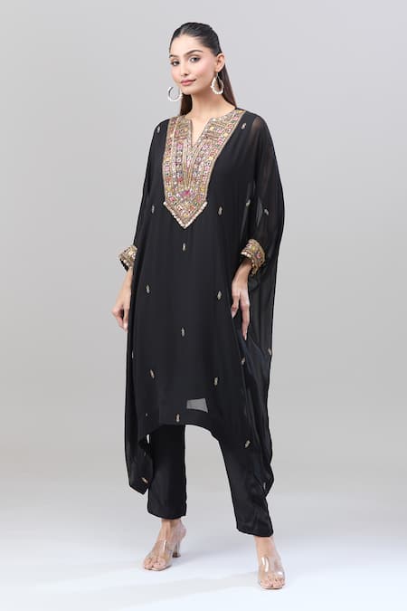 Shop Rajat K Tangri Black Chiffon Metallic Thread, Embroidery Split V-neck Tribal Kaftan And Pant Set Online at Aza Fashions Shop_Rajat K Tangri_Black Chiffon Metallic Thread, Embroidery Split V-neck Tribal Kaftan And Pant Set _Online_at_Aza_Fashions