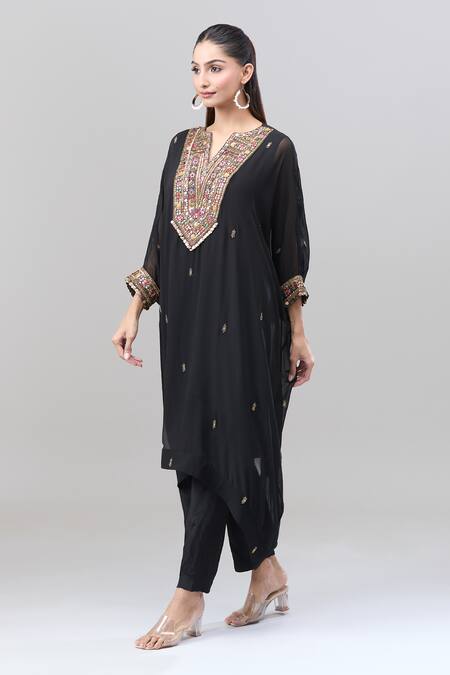 Rajat K Tangri Black Chiffon Metallic Thread, Embroidery Split V-neck Tribal Kaftan And Pant Set at Aza Fashions Rajat K Tangri_Black Chiffon Metallic Thread, Embroidery Split V-neck Tribal Kaftan And Pant Set _at_Aza_Fashions