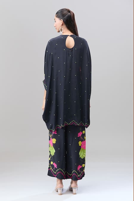 Shop Rajat K Tangri Black Cotton Collared Asymmetric Mughal Print Kaftan And Pant Set at Aza Fashions Shop_Rajat K Tangri_Black Cotton Collared Asymmetric Mughal Print Kaftan And Pant Set _at_Aza_Fashions
