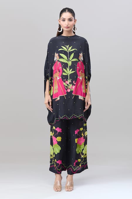 Shop Rajat K Tangri Black Cotton Collared Asymmetric Mughal Print Kaftan And Pant Set Online at Aza Fashions Shop_Rajat K Tangri_Black Cotton Collared Asymmetric Mughal Print Kaftan And Pant Set _Online_at_Aza_Fashions
