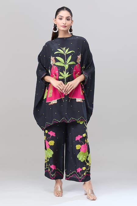 Rajat K Tangri Black Cotton Collared Asymmetric Mughal Print Kaftan And Pant Set at Aza Fashions Rajat K Tangri_Black Cotton Collared Asymmetric Mughal Print Kaftan And Pant Set _at_Aza_Fashions