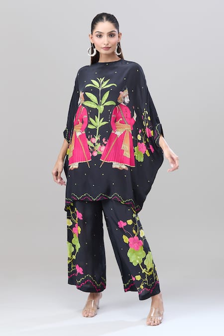 Buy Rajat K Tangri Black Cotton Collared Asymmetric Mughal Print Kaftan And Pant Set Buy_Rajat K Tangri_Black Cotton Collared Asymmetric Mughal Print Kaftan And Pant Set