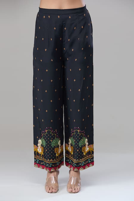 Rajat K Tangri_Black Chiffon Round Neck Asymmetric Mughal Print Kaftan Pant Set _Online_at_Aza_Fashions