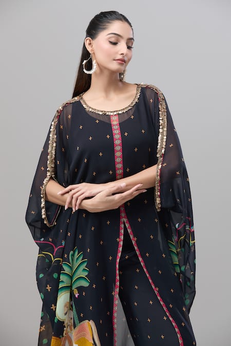 Buy_Rajat K Tangri_Black Chiffon Round Neck Asymmetric Mughal Print Kaftan Pant Set _Online_at_Aza_Fashions