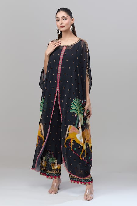 Shop_Rajat K Tangri_Black Chiffon Round Neck Asymmetric Mughal Print Kaftan Pant Set _Online_at_Aza_Fashions