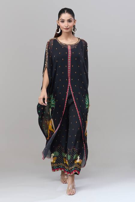 Rajat K Tangri_Black Chiffon Round Neck Asymmetric Mughal Print Kaftan Pant Set _at_Aza_Fashions