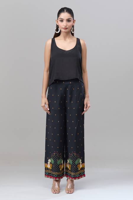 Buy_Rajat K Tangri_Black Chiffon Round Neck Asymmetric Mughal Print Kaftan Pant Set 