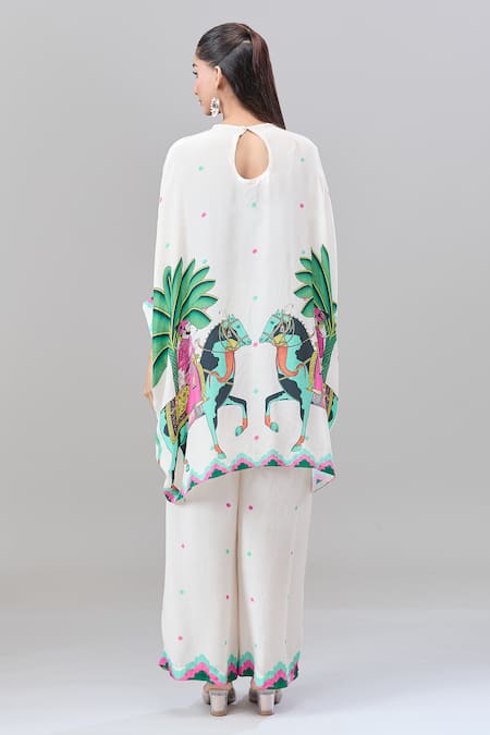 Shop Rajat K Tangri White Cotton High Neck Mughal Motif Print Kaftan And Pant Set at Aza Fashions Shop_Rajat K Tangri_White Cotton High Neck Mughal Motif Print Kaftan And Pant Set _at_Aza_Fashions