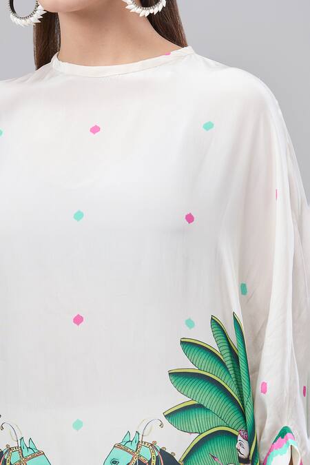 Rajat K Tangri White Cotton High Neck Mughal Motif Print Kaftan And Pant Set Online at Aza Fashions Rajat K Tangri_White Cotton High Neck Mughal Motif Print Kaftan And Pant Set _Online_at_Aza_Fashions