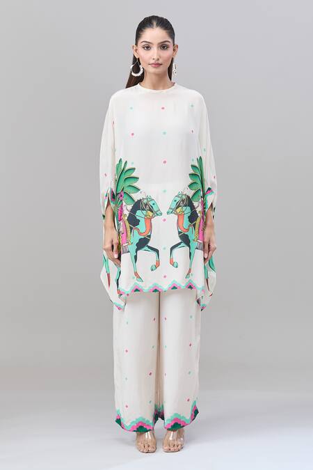 Shop Rajat K Tangri White Cotton High Neck Mughal Motif Print Kaftan And Pant Set Online at Aza Fashions Shop_Rajat K Tangri_White Cotton High Neck Mughal Motif Print Kaftan And Pant Set _Online_at_Aza_Fashions