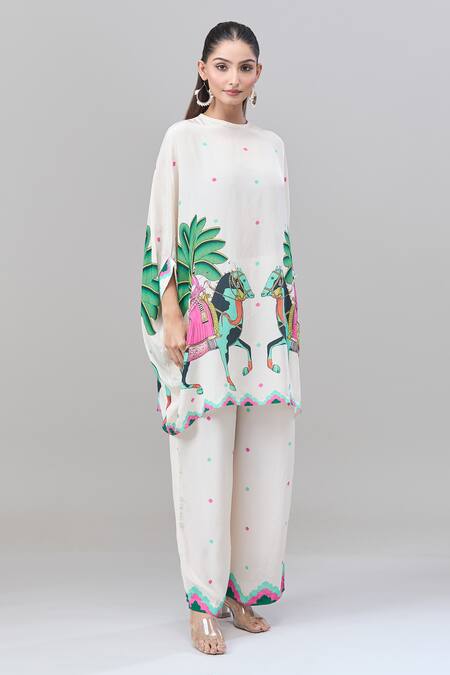 Rajat K Tangri White Cotton High Neck Mughal Motif Print Kaftan And Pant Set at Aza Fashions Rajat K Tangri_White Cotton High Neck Mughal Motif Print Kaftan And Pant Set _at_Aza_Fashions