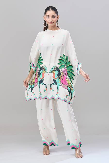 Buy Rajat K Tangri White Cotton High Neck Mughal Motif Print Kaftan And Pant Set Buy_Rajat K Tangri_White Cotton High Neck Mughal Motif Print Kaftan And Pant Set