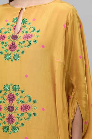 Rajat K Tangri_Yellow Silk Embroidery Round Neck Floral Mandala Print Kaftan And Pant Set _Online_at_Aza_Fashions