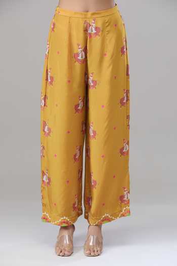Buy_Rajat K Tangri_Yellow Silk Embroidery Round Neck Floral Mandala Print Kaftan And Pant Set _Online_at_Aza_Fashions