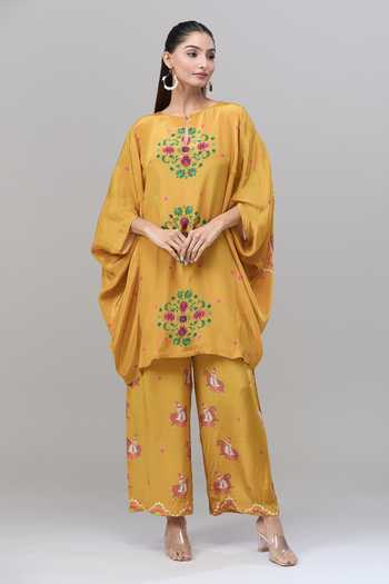 Shop_Rajat K Tangri_Yellow Silk Embroidery Round Neck Floral Mandala Print Kaftan And Pant Set _Online_at_Aza_Fashions