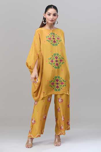 Rajat K Tangri_Yellow Silk Embroidery Round Neck Floral Mandala Print Kaftan And Pant Set _at_Aza_Fashions