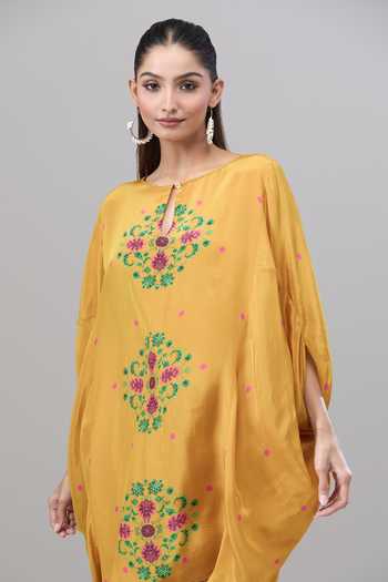Buy_Rajat K Tangri_Yellow Silk Embroidery Round Neck Floral Mandala Print Kaftan And Pant Set 