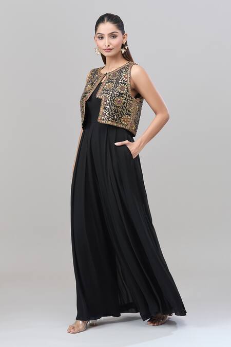 Buy_Rajat K Tangri_Black Embroidery Scoop , Open Tribal Jacket And Jumpsuit Set _Online_at_Aza_Fashions
