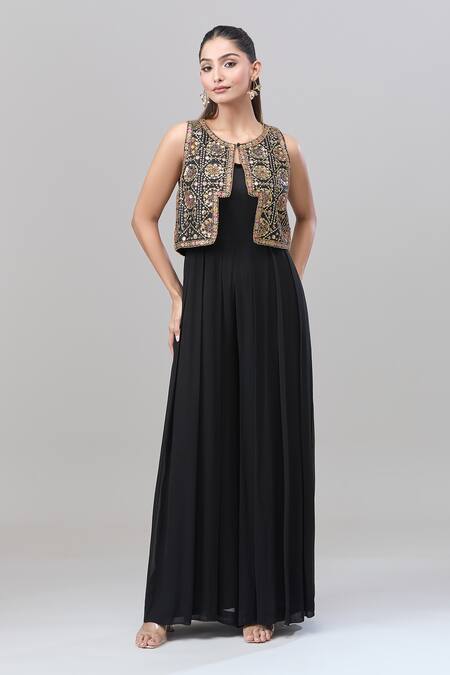 Rajat K Tangri_Black Embroidery Scoop , Open Tribal Jacket And Jumpsuit Set _at_Aza_Fashions