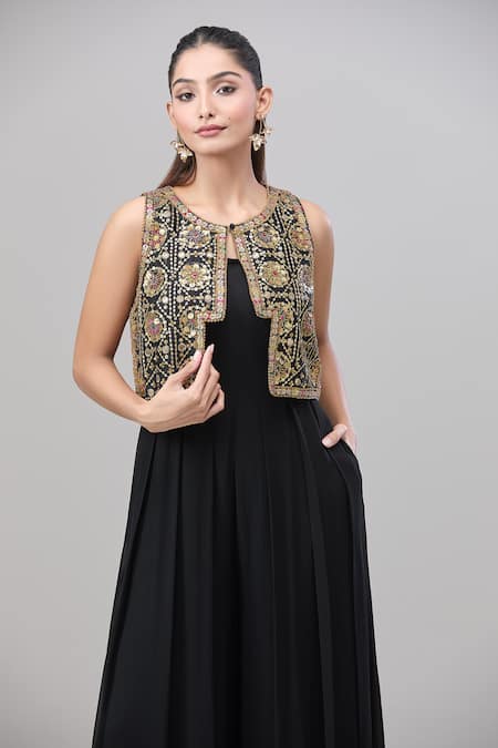 Buy_Rajat K Tangri_Black Embroidery Scoop , Open Tribal Jacket And Jumpsuit Set 