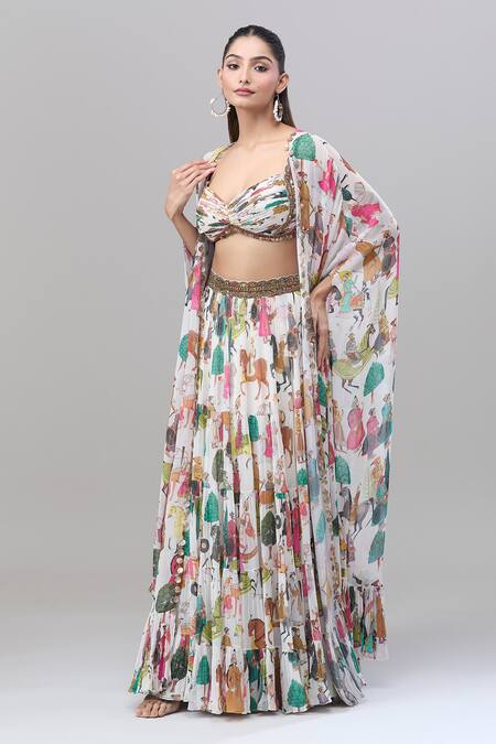 Rajat K Tangri White Lace, Embroidery Sweetheart Neck Mughal Motif Cape Lehenga Set at Aza Fashions Rajat K Tangri_White Lace, Embroidery Sweetheart Neck Mughal Motif Cape Lehenga Set _at_Aza_Fashions