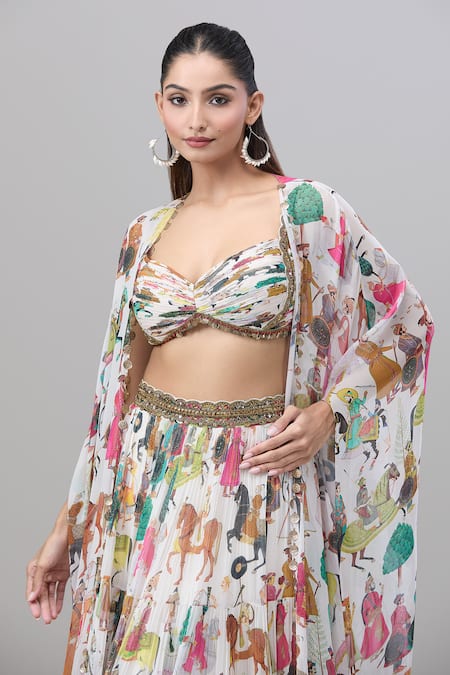 Buy Rajat K Tangri White Lace, Embroidery Sweetheart Neck Mughal Motif Cape Lehenga Set Buy_Rajat K Tangri_White Lace, Embroidery Sweetheart Neck Mughal Motif Cape Lehenga Set