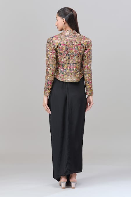 Shop Rajat K Tangri Black Cotton Metallic Thread, Embroidery Round Neck, Tribal Jacket And Skirt Set at Aza Fashions Shop_Rajat K Tangri_Black Cotton Metallic Thread, Embroidery Round Neck, Tribal Jacket And Skirt Set _at_Aza_Fashions