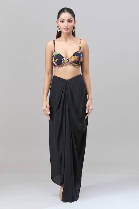 Rajat K Tangri Black Cotton Metallic Thread, Embroidery Round Neck, Tribal Jacket And Skirt Set Online at Aza Fashions Rajat K Tangri_Black Cotton Metallic Thread, Embroidery Round Neck, Tribal Jacket And Skirt Set _Online_at_Aza_Fashions