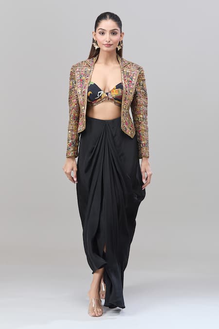 Rajat K Tangri Black Cotton Metallic Thread, Embroidery Round Neck, Tribal Jacket And Skirt Set at Aza Fashions Rajat K Tangri_Black Cotton Metallic Thread, Embroidery Round Neck, Tribal Jacket And Skirt Set _at_Aza_Fashions