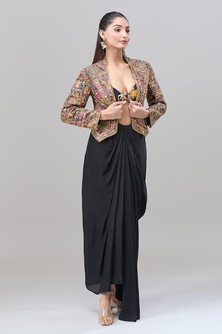Buy Rajat K Tangri Black Cotton Metallic Thread, Embroidery Round Neck, Tribal Jacket And Skirt Set Buy_Rajat K Tangri_Black Cotton Metallic Thread, Embroidery Round Neck, Tribal Jacket And Skirt Set