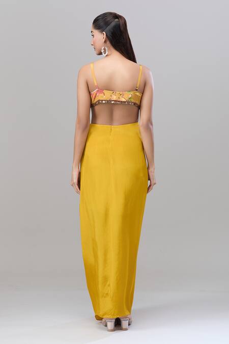 Shop Rajat K Tangri Yellow Silk Metallic Thread Sweetheart Neck Mughal Motif Cape And Skirt Set Online at Aza Fashions Shop_Rajat K Tangri_Yellow Silk Metallic Thread Sweetheart Neck Mughal Motif Cape And Skirt Set _Online_at_Aza_Fashions