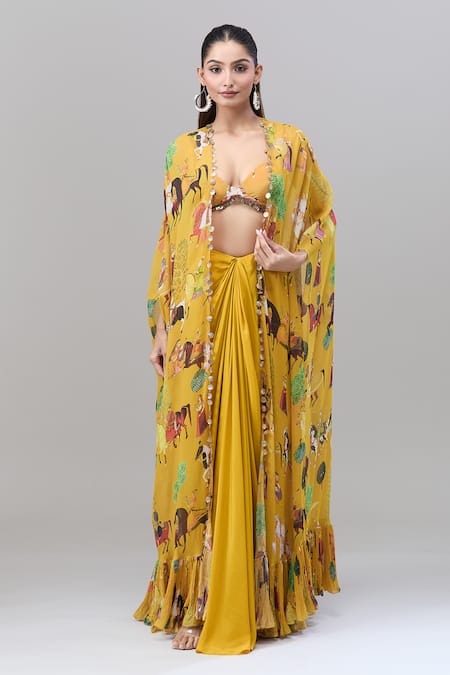 Rajat K Tangri Yellow Silk Metallic Thread Sweetheart Neck Mughal Motif Cape And Skirt Set at Aza Fashions Rajat K Tangri_Yellow Silk Metallic Thread Sweetheart Neck Mughal Motif Cape And Skirt Set _at_Aza_Fashions